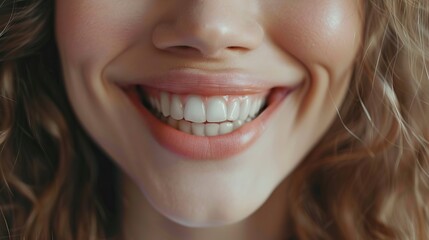 closeup of smile with white healthy teeth. AI generated illustration - obrazy, fototapety, plakaty