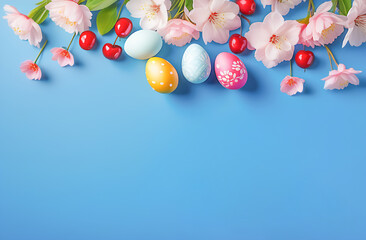 stylish Easter eggs, bright flowers and cherry blossoms are arranged exactly on a blue background, leaving room for copying. There is a lot of space for text on the right. A greeting card template. 
