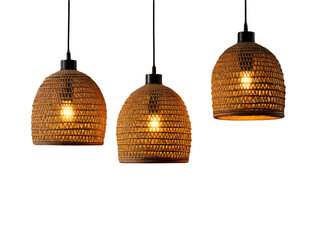3 Rattan ceiling lamps, Elegant Wicker Ceiling lamps, light bulb isolated on transparent background PNG