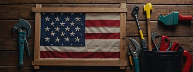 top view of american flag and construction tools near blank chalkboard on wooden surface, copy space for text  for labor's day