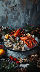 Festive seafood and lobster holiday feast - A holiday-themed seafood feast with lobster, oysters, and lemon, surrounded by festive decorations and lighting