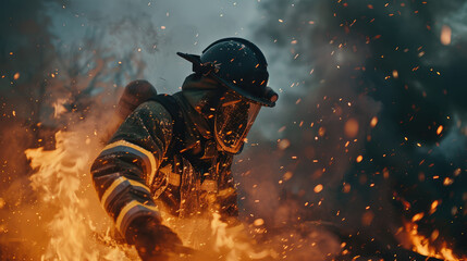 Firefighter engulfed in flames during rescue - A brave firefighter wearing full gear is surrounded by intense flames and sparks while performing a heroic rescue mission - obrazy, fototapety, plakaty