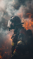 Firefighter in intense fire and smoky environment - Capturing the essence of a firefighter's challenge, surrounded by fiery elements and thick smoke in the midst of duty