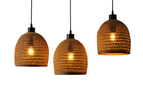3 Rattan ceiling lamps, Elegant Wicker Ceiling lamps, light bulb isolated on transparent background PNG