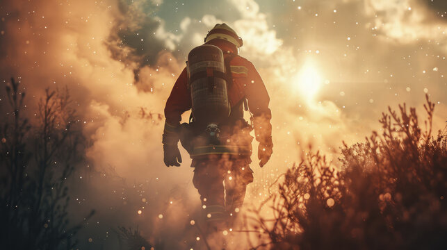 Firefighter walking through smoky wilderness - A firefighter in full gear advances through the smoke-filled wilderness, suggestive of a scene of a wildfire or a search mission