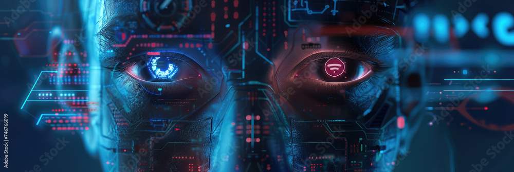 Poster futuristic cyborg face with digital enhancements - detailed close-up of a cyborg face showing advanc