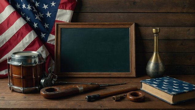top view of american flag and construction tools near blank chalkboard on wooden surface, copy space for text  for labor's day