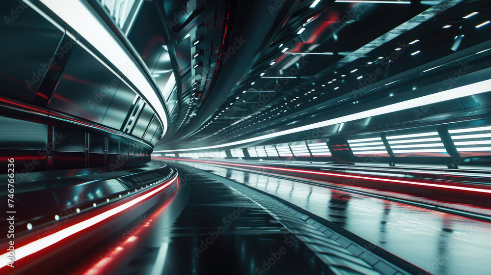 Poster futuristic tunnel with dynamic red lights - this image reflects a futuristic, high-speed tunnel bath