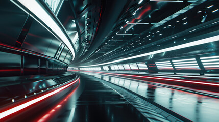 Fototapeta na wymiar Futuristic tunnel with dynamic red lights - This image reflects a futuristic, high-speed tunnel bathed in dynamic red neon lighting, evoking a sense of motion