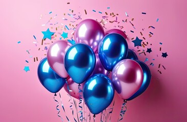 Set of some multicolored helium balloons floating on blurred colorful background. Background for birthday, party, wedding or promotion banners. 
