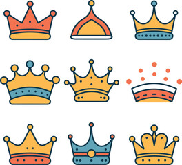 Collection eight colorful cartoon crowns. Royal headgear king, queen, princess, prince. Monarchy leadership symbols vector illustration