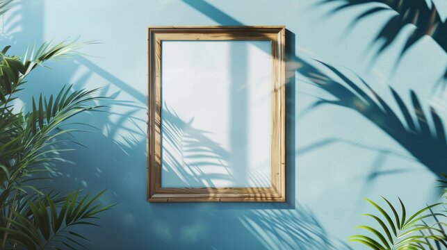 A blank wooden picture frame is suspended on a blue wall, casting a shadow of palm leaves