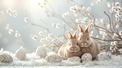 A clean, white backdrop adorned with a few whimsical Easter bunnies