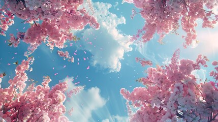 Frame of branches of blossoming cherry against background of blue sky and fluttering butterflies in spring on nature outdoors. AI generated illustration