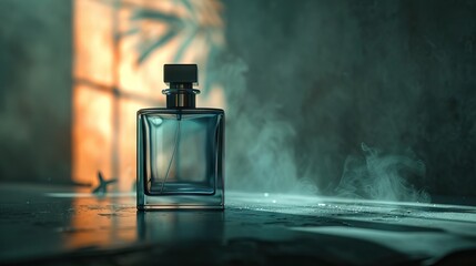 Bottle of perfume on a blue background. Fragrance presentation with daylight. Trending concept in natural materials with plant shadow. Women's and men's essence. AI generated illustration - obrazy, fototapety, plakaty
