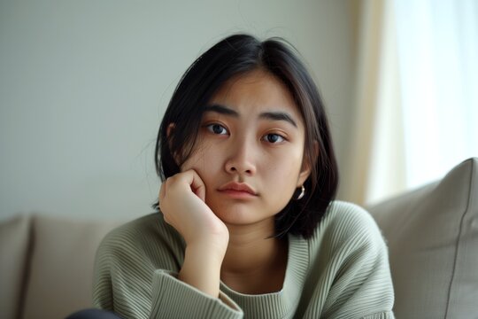 Sad, apathetic, and bored attractive young asian woman looking at the camera posing at her home