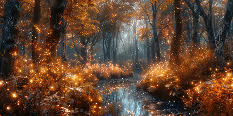 Autumnal Enchantment - Fall Foliage Surroundings - Magical Essence - Amber-Hued Lighting - Foliage Magic 