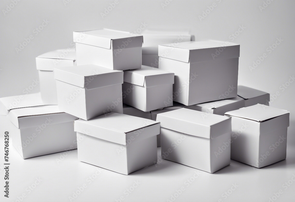 Poster collection of white empty carton boxes packed one on another isolated on white background