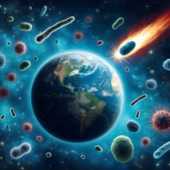 Cosmic comet flying through outer space  with Planet Earth in the background, bacteria germs and viruses and other micro-organisms floating around the comet, panspermia concept
