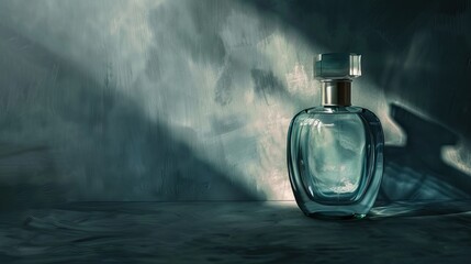 Bottle of perfume on a blue background. Fragrance presentation with daylight. Trending concept in natural materials with plant shadow. Women's and men's essence. AI generated illustration - obrazy, fototapety, plakaty