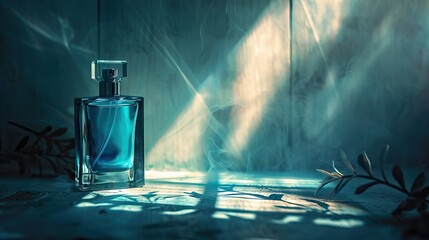 Bottle of perfume on a blue background. Fragrance presentation with daylight. Trending concept in natural materials with plant shadow. Women's and men's essence. AI generated illustration - obrazy, fototapety, plakaty