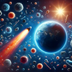 Obraz na płótnie Canvas Cosmic comet flying through outer space with Planet Earth in the background, bacteria germs and viruses and other micro-organisms floating around the comet, panspermia concept