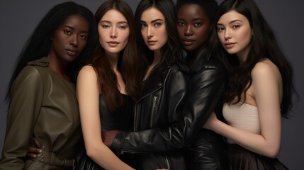 Fototapeta premium Portrait of diverse beautiful women with glowing skin on gray background, multi-ethnic woman concept