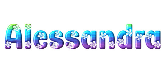 Alessandra - multicolor - written with engraved typical Hawaiian hibiscus flowers- ideal for websites, e-mail, sublimation greetings, banners, cards, t-shirt, sweatshirt, prints, cricut,	