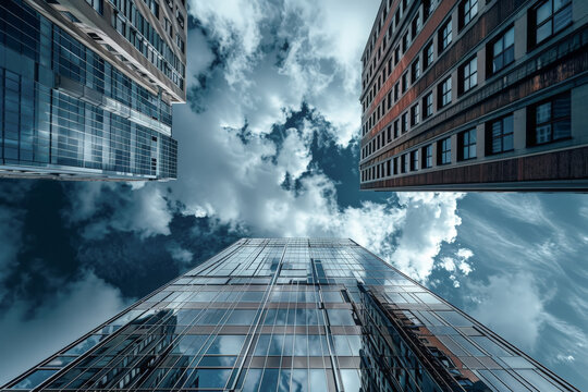 Vista de tres rascacielos desde la calle hacia la parte superior, proyectando sobre sus fachadas reflejos, sobre fondo de cielo azul con nubes blancas