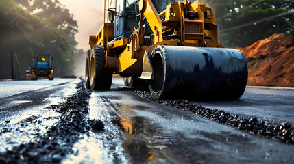 Road construction utilizing a roller compactor and asphalt finisher - obrazy, fototapety, plakaty