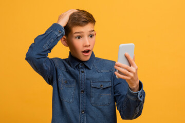 Surprised teen boy staring at smartphone screen and opening mouth in shock © Prostock-studio