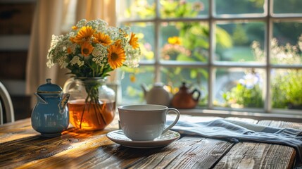 A cozy kitchen table set with flowers and tea