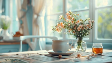A cozy kitchen table set with flowers and tea