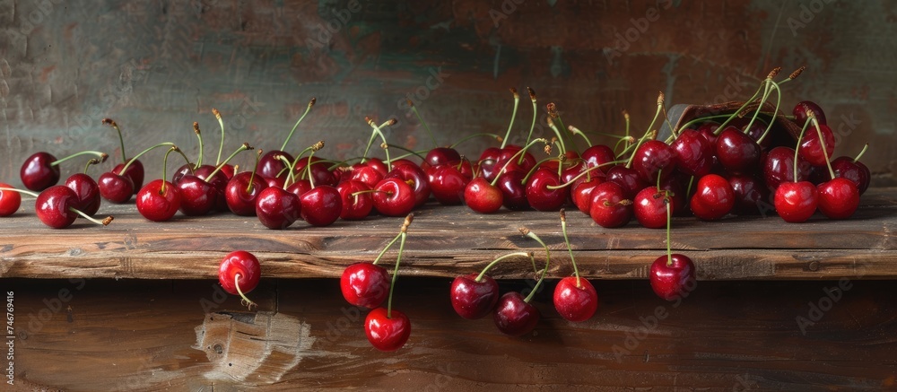 Poster a collection of ripe cherries is scattered across a rustic wooden table, creating a colorful and inv