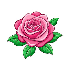 pink cartoon rose flower with green leaves on white