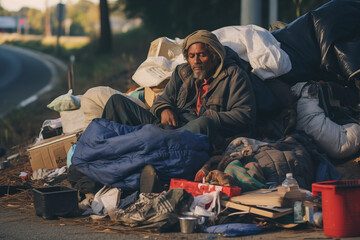 Homeless beggar man sitting on the street and begging for money