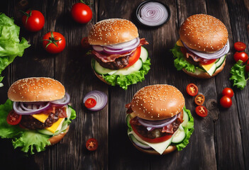 Four tasty hamburgers with bacon, lettuce, cheese, onion and tomatoes on dark wooden plate