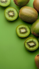 Green background decorated with fresh kiwis with space for text