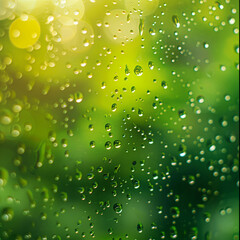 Dew drops on window Blurred natural green