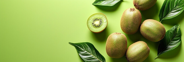 Green background decorated with fresh kiwis with space for text