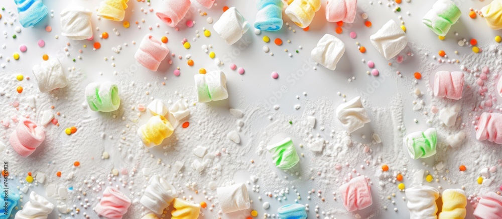 Poster a variety of vibrant colored marshmallows are neatly arranged on a white tabletop, creating a visual