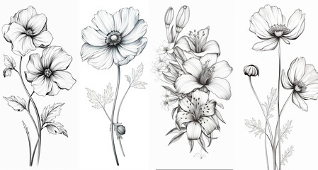 Black and white flowers, sketch, clipart, lineart, ink. Generative ai