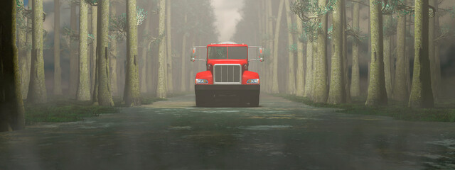 Red Semi-Truck Emerges on a Misty Forest Path – A Fusion of Nature and Machine