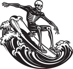 Skeletal Surf Squad Iconic Black Vector Design WaveRattle Skeleton Cartoon Logo Icon