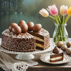 Sernik z polewą czekoladową w wielkanocnej aranżacji z czekoladowymi jajkami - obrazy, fototapety, plakaty