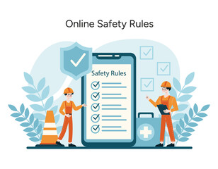 Illustration of workers reviewing digital safety protocols, integrating technology with OSHA compliance