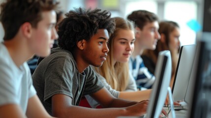 A group of people sitting at desks in a computer lab, using personal computers with computer monitors as display devices. AIG41