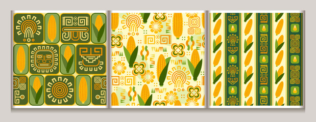 Seamless geometric patterns with icons of corn cob, corn grains, ethnic mesoamerican ornament, shapes. For branding, decoration of food package, decorative print for kitchen.