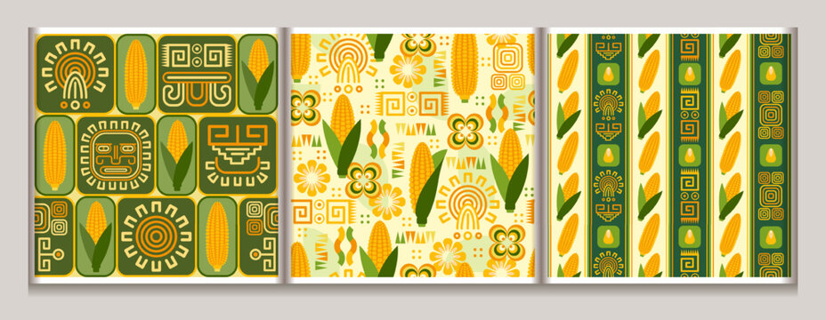 Seamless geometric patterns with icons of corn cob, corn grains, ethnic mesoamerican ornament, shapes. For branding, decoration of food package, decorative print for kitchen.
