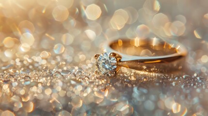 Gold jewelry. Product shoot, macro shot, gold wedding ring with diamond on shiny surface. Wedding. Love. Luxury. 